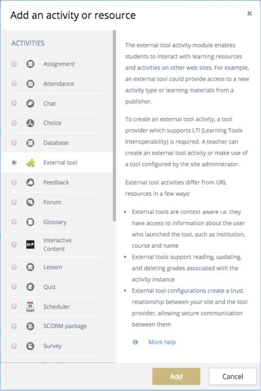 Moodle add external tool